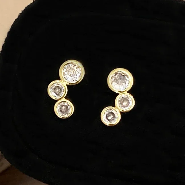 

Real 925 Sterling Silver 14K Gold Zircon Round Stud Earring for Women Personality Fine Jewelry Minimalist Trendy Accessories