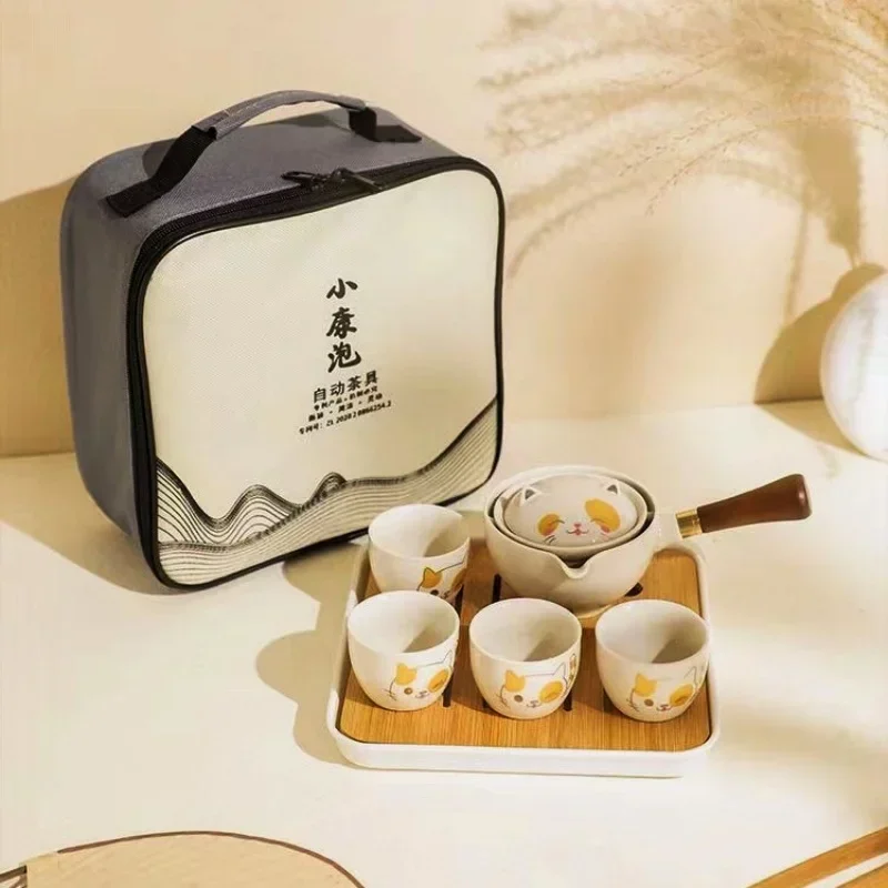 Fortune Cat Pattern Tea Brewing Set Traditional Kung Fu Tea Ceramic Teaware Outdoor Travel Portable Storage Teapot Teacup Gifts