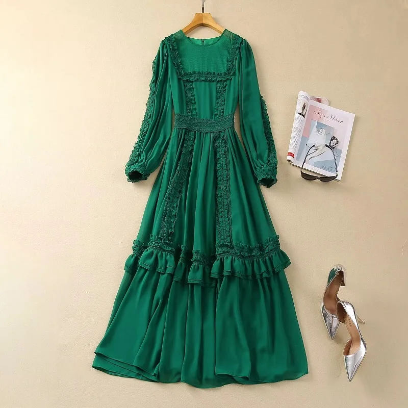 

High Quality Chiffon Long Dress 2024 Spring Summer Style Women Ruffle Floral Deco Long Sleeve Dark Green Long Maxi Dress Bohemia