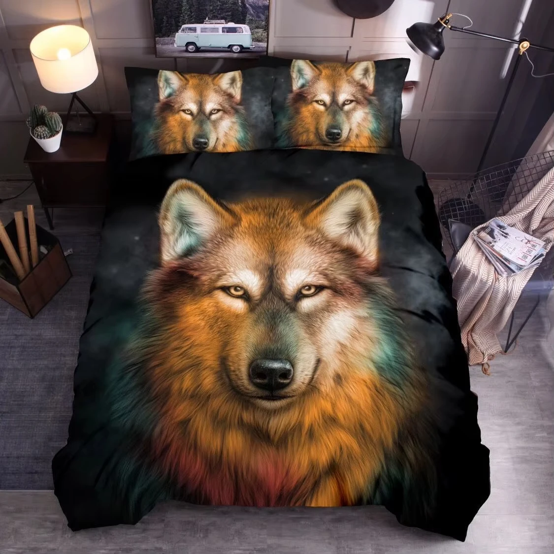 Wolf Duvet Cover Full King Size Exotic Wolf Comforter Cover Western Woodland Wild Animal Themed Bedding Set for Boys, Adult Room