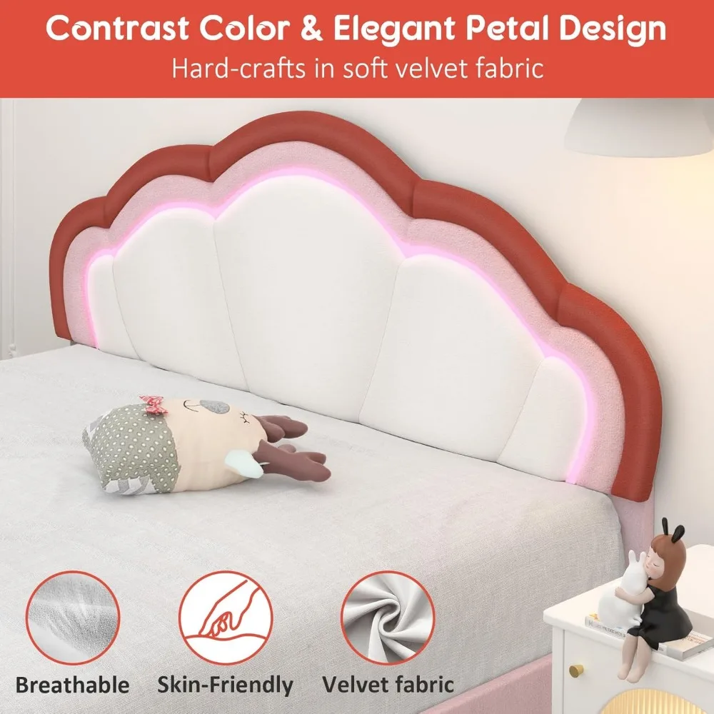 Quadro de Cama LED inteligente com Cabeceira Ajustável, Plataforma Estofada Completa, Suporte De Slats De Madeira, Queen Size