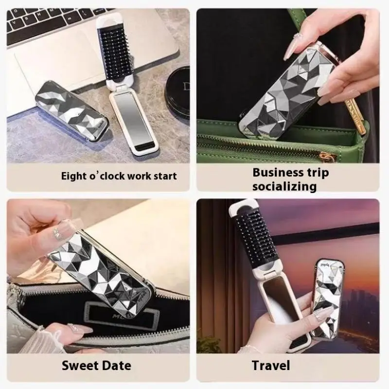 2-in-1 Mini-Haarbürste, zusammenklappbarer Massagekamm, Kopfmassage, antistatisch, tragbar, Haarkämme, Spiegel, Luftkissen, Kopfhaut-Massagekamm