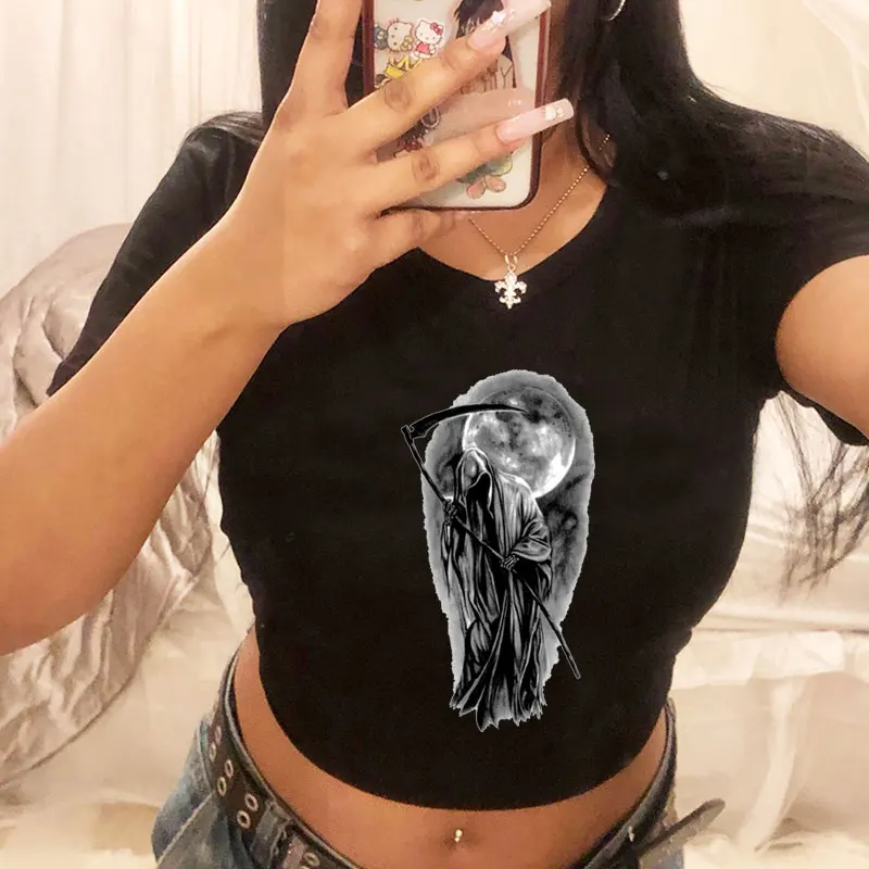 Summer outfit Death Midnight Print Pattern Short Sleeve O Neck Sexy Cropped Navel Women Crop Tops Fashion T-Shirt