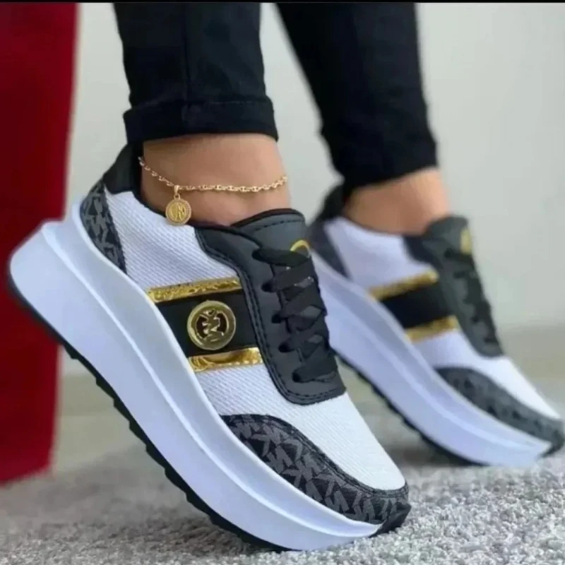 2024 sapatos vulcanizados femininos moda tênis rendas-up respirável esportes cunha salto de sola grossa tênis de corrida feminino