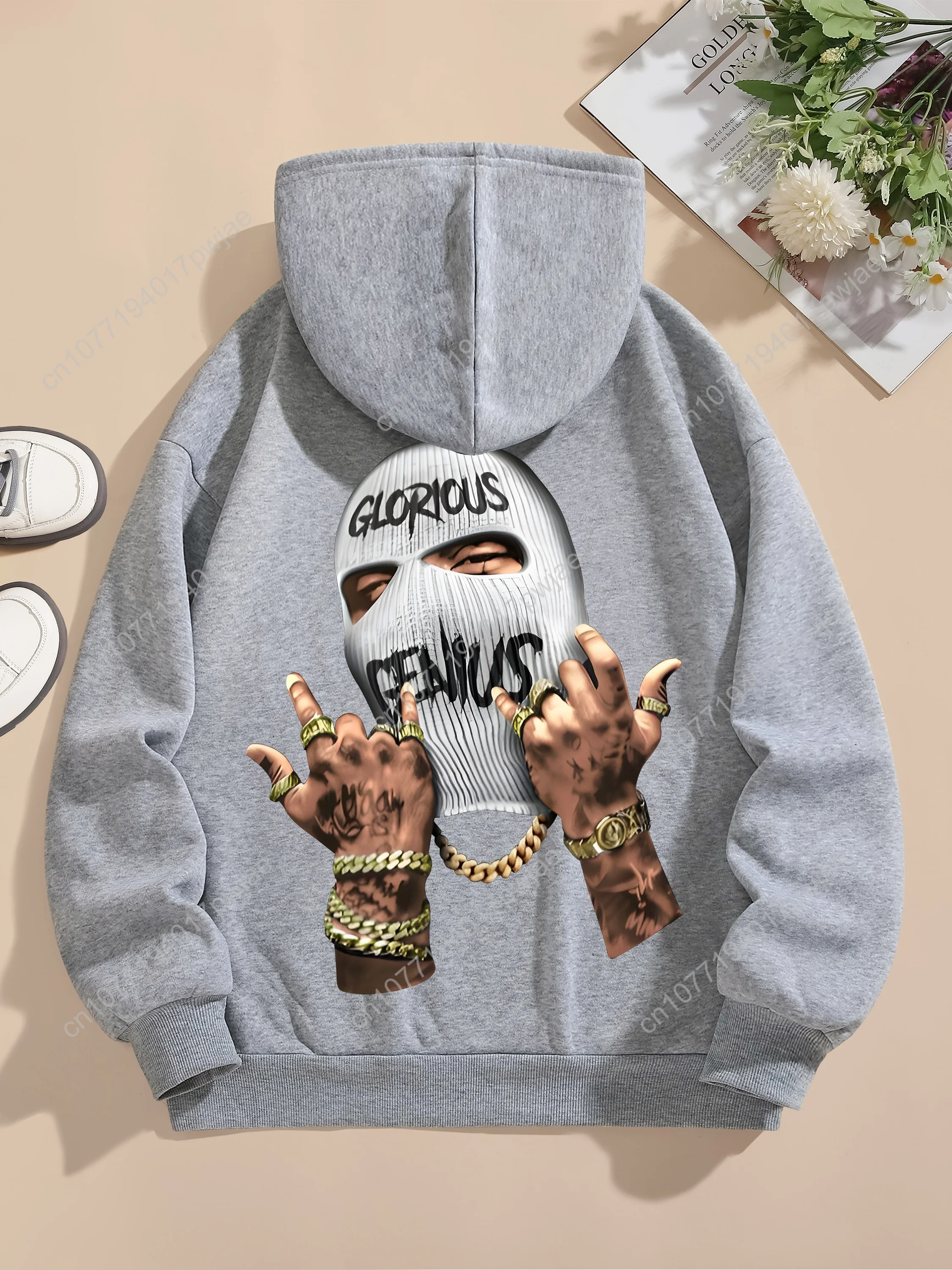 Bluza z kapturem z nadrukiem portretu, codzienna, z długim rękawem, z kieszenią typu kangur, odzież damska