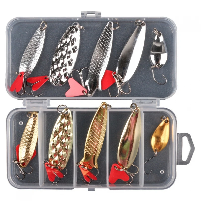 

10pcs/lot Gold and Silver Spoons Bait Metal Fishing Sequin Lures for Trout Panfish Bass with Box Spoons Hard Fishing Lures