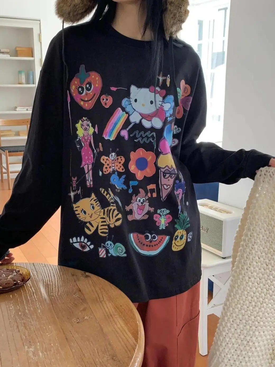 Zestaw Ins fiti Anti-Aging Print Casual Versatile Loose Pure Cotton round Ne Autumn Winter Base Long Sve Women's T-irt