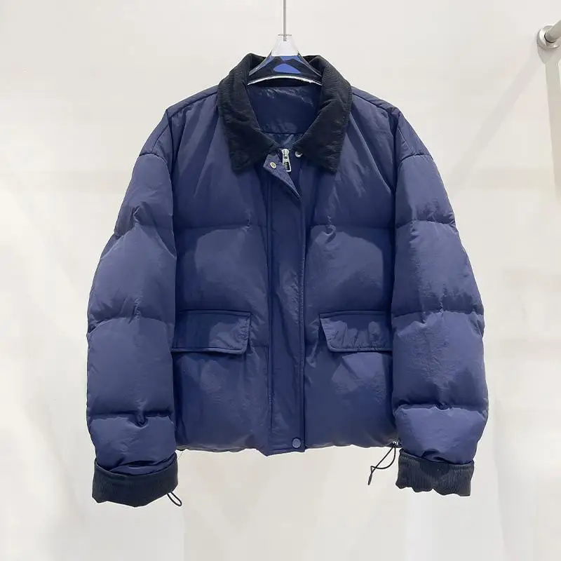 겨울 신상 여성 다운 재킷 통근용 배색 배색 칼라 화이트 덕다운 재킷