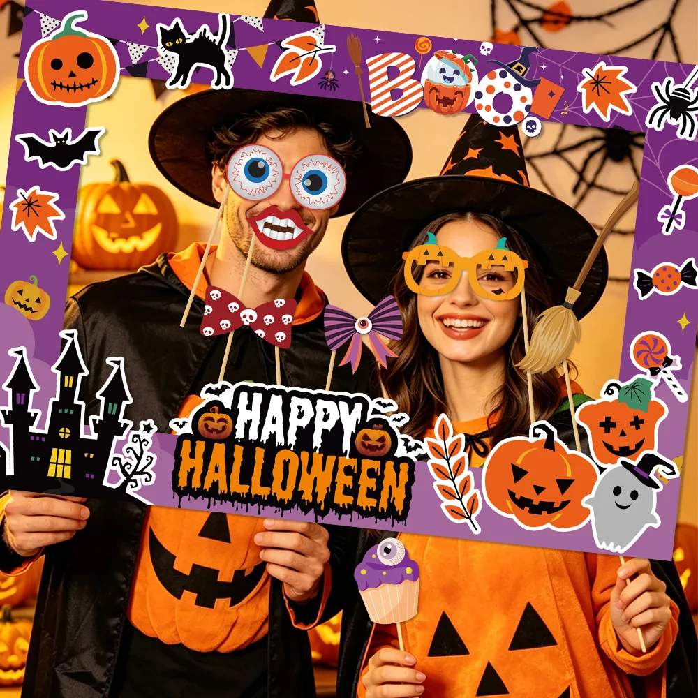 Halloween Photo Booth Props with Selfie Frame, Pumpkin Ghost Vampire Party Photography Decor for Halloween Costume Party