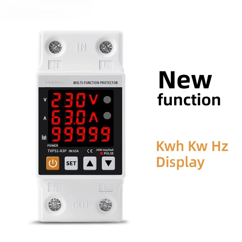 63A 230V 3IN1 Display Din rail adjustable over under voltage surge protector relay  over current protect  Kwh Power  watt Meter