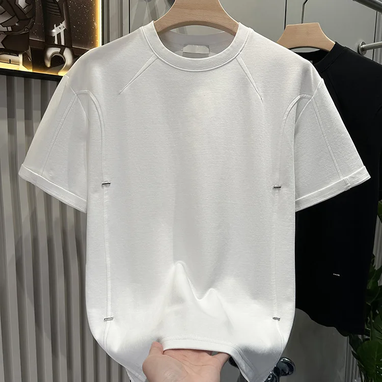 Summer Light Luxury Patchwork Studded Heavyweight Round Neck Short Men's High-End Fashion Loose Versatile Casual T-Shirt Half