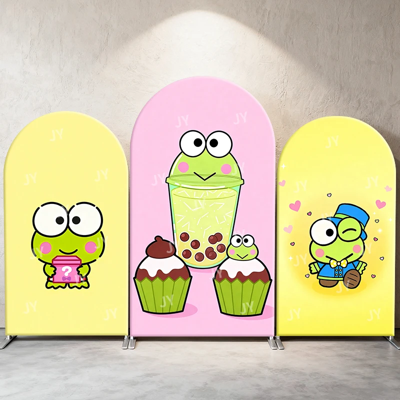 

Keroppi Boba & Dessert Theme Arch Backdrop Cover Cute Cartoon Scene For Kids Birthday Baby Shower Photo Booth Decor Background