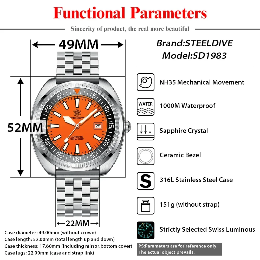 STEELDIVE SD1983 Dive Watch NH35 Automatic Mechanical Sapphire Crystal 100Bar Waterproof  Super Luminous Wristwatch