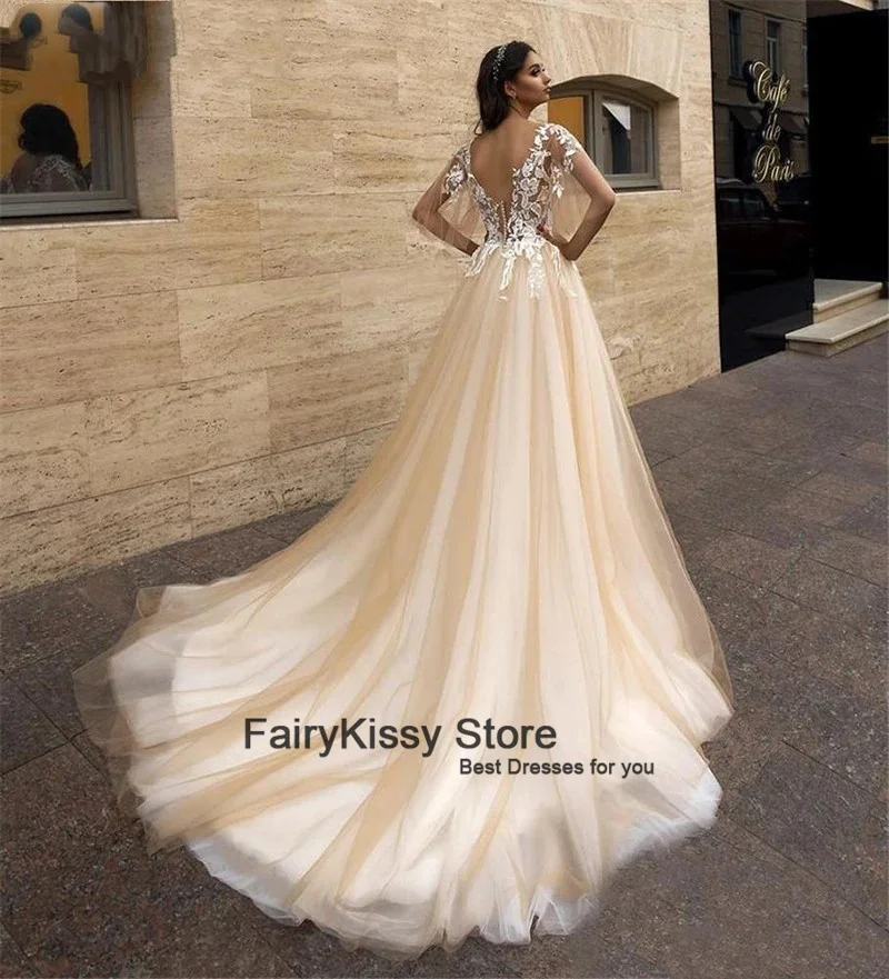 FairyKissy V-Neck A-Line Wedding Dresses Lace Appliques Backless Bridal Gowns 2025 Fashion Champagne Church Women Robe De Mariee