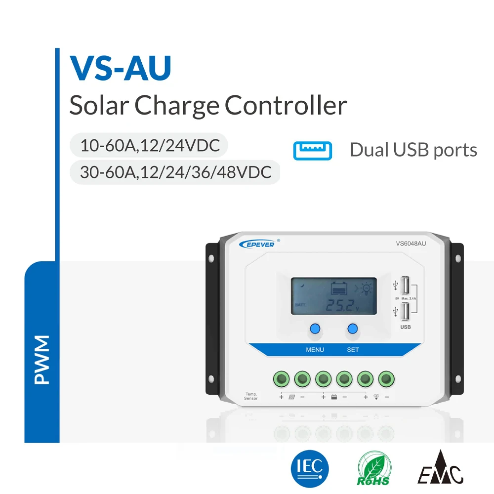 

EPEVER 10A 20A 30A 45A 60A PWM Solar Charge Controller VSAU Smart Solar Energy System Regulator LCD 12/24/36/48V Max PV 96V