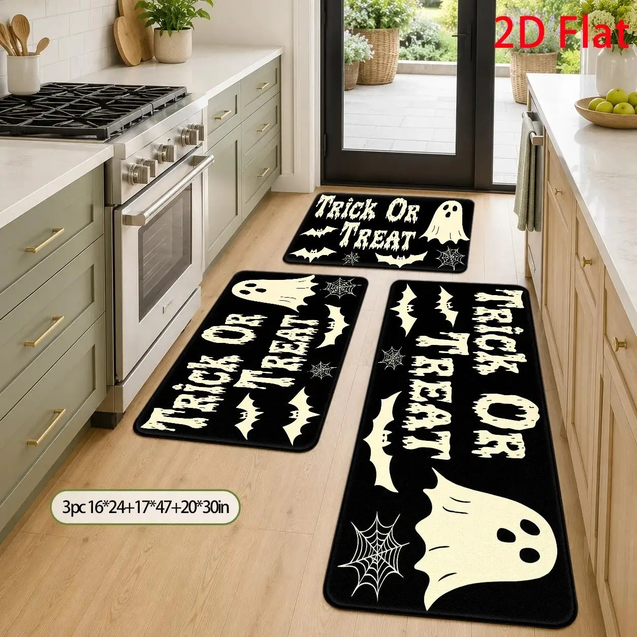 1pc, 2pcs, 3pcs, 2D Flat Kitchen Floor Mat Set, Halloween Trick Or Treat Bat Spider Web Floor Mat, Spooky Decorative Kitchen Rug, Easy-to-Clean Bathroom Floor Mat, Suitable for Kitchen, Bathroom, Laundry Room, Dining, 2D Flat