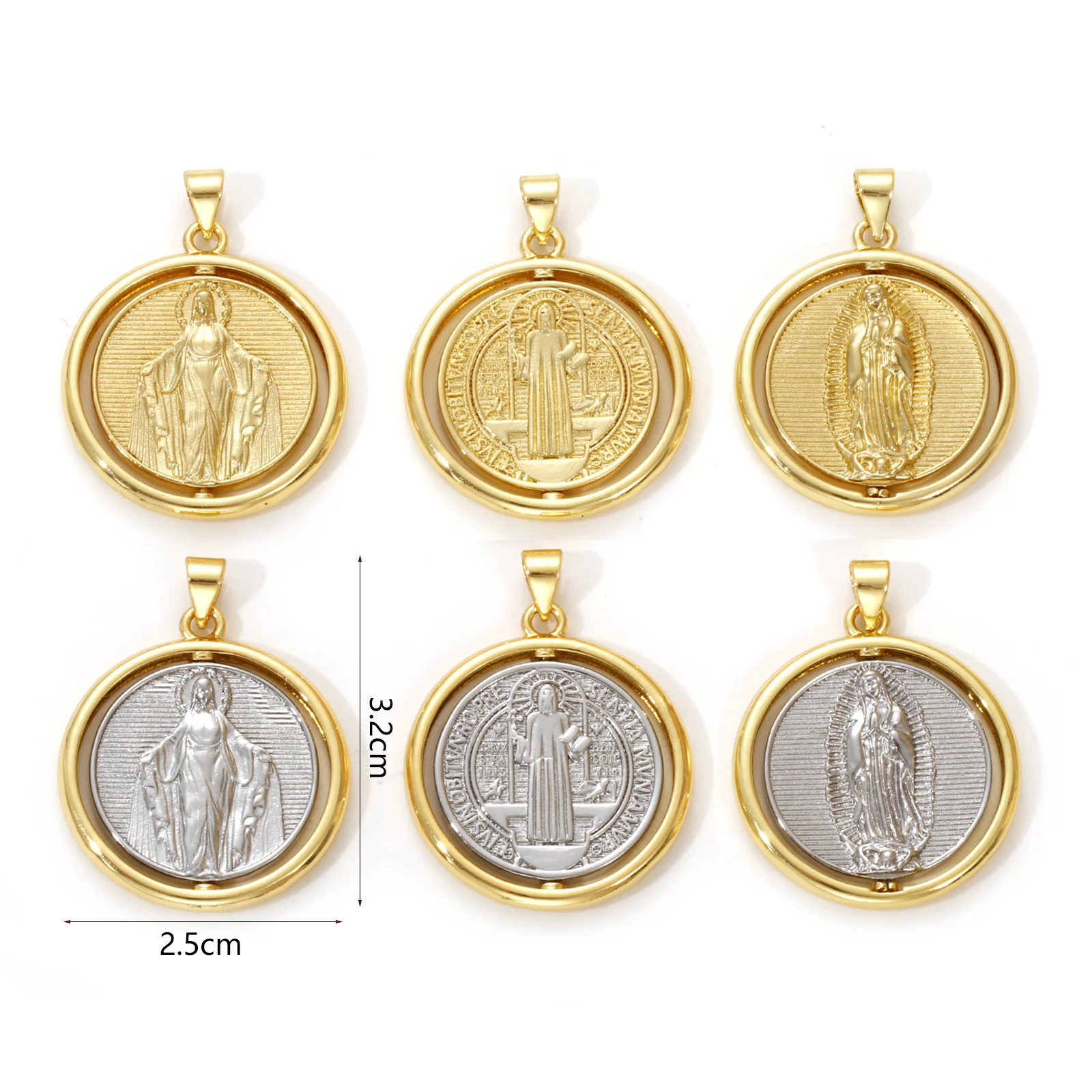 1 Piece Brass Religious Pendants Gold Plated Round St. Benedict Medal Rotatable Charm For DIY Necklace Jewelry 3.2cm x 2.5cm
