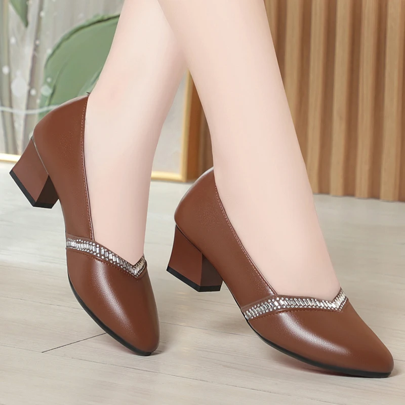 DIMANYU Women Dress Shoes 2026 New Spring New Profession Women Fashion Shoes Genuine Leather Rhinestone Mid-Heel Shoes For Women