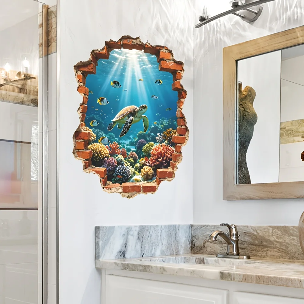 1Pc Broken‑Wall Underwater Sea Turtle Wall Sticker Sheet Size 50x40cm Finished Application Size 38x47cm