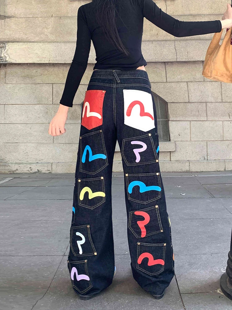 IMU Hiphop Trendy Cargo Jeans Women Plus Size Colorful Graffiti Multi-pocket Wide Leg Pants Vintage Boyfriend Streetwear