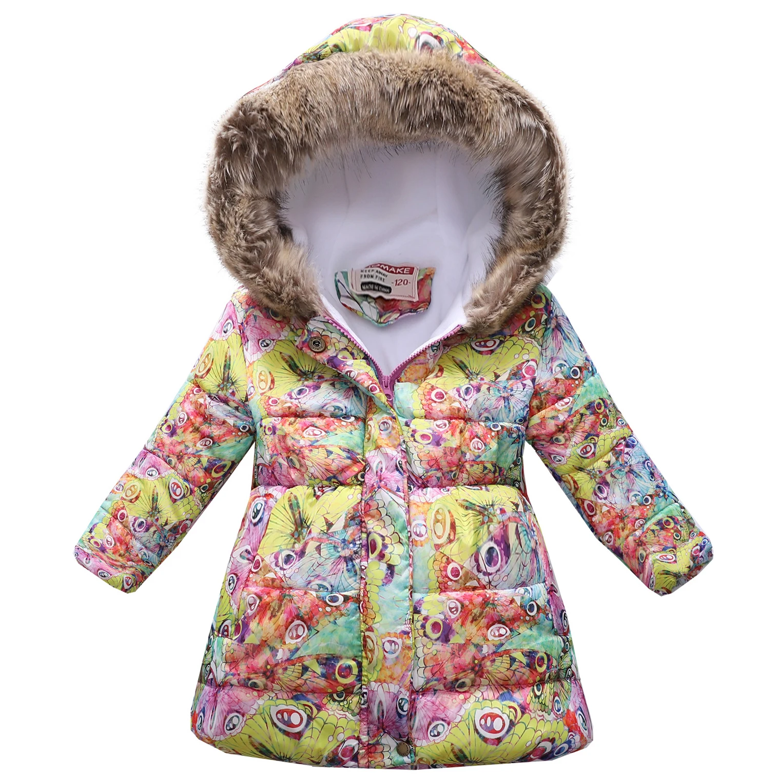 

Children's New Winter Printed Long Wool Collar Hooded Cotton Jacket Wind Proof Warm Cartoon Cute Boys And Girls' Jacket