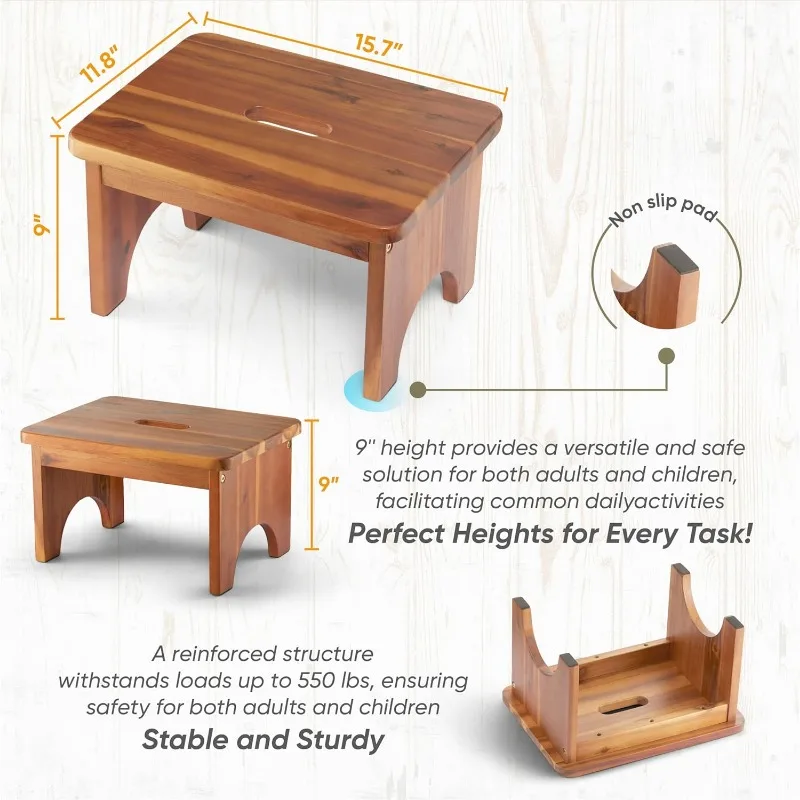 สตูลขั้นบันไดไม้, สตูลขั้นตอนเดียวขนาด 9 นิ้ว, สตูลข้างบันไดไม้พร้อมความสามารถในการรับน้ําหนัก 550 ปอนด์, แบบพกพา/ไม่ลื่น/ทนทาน