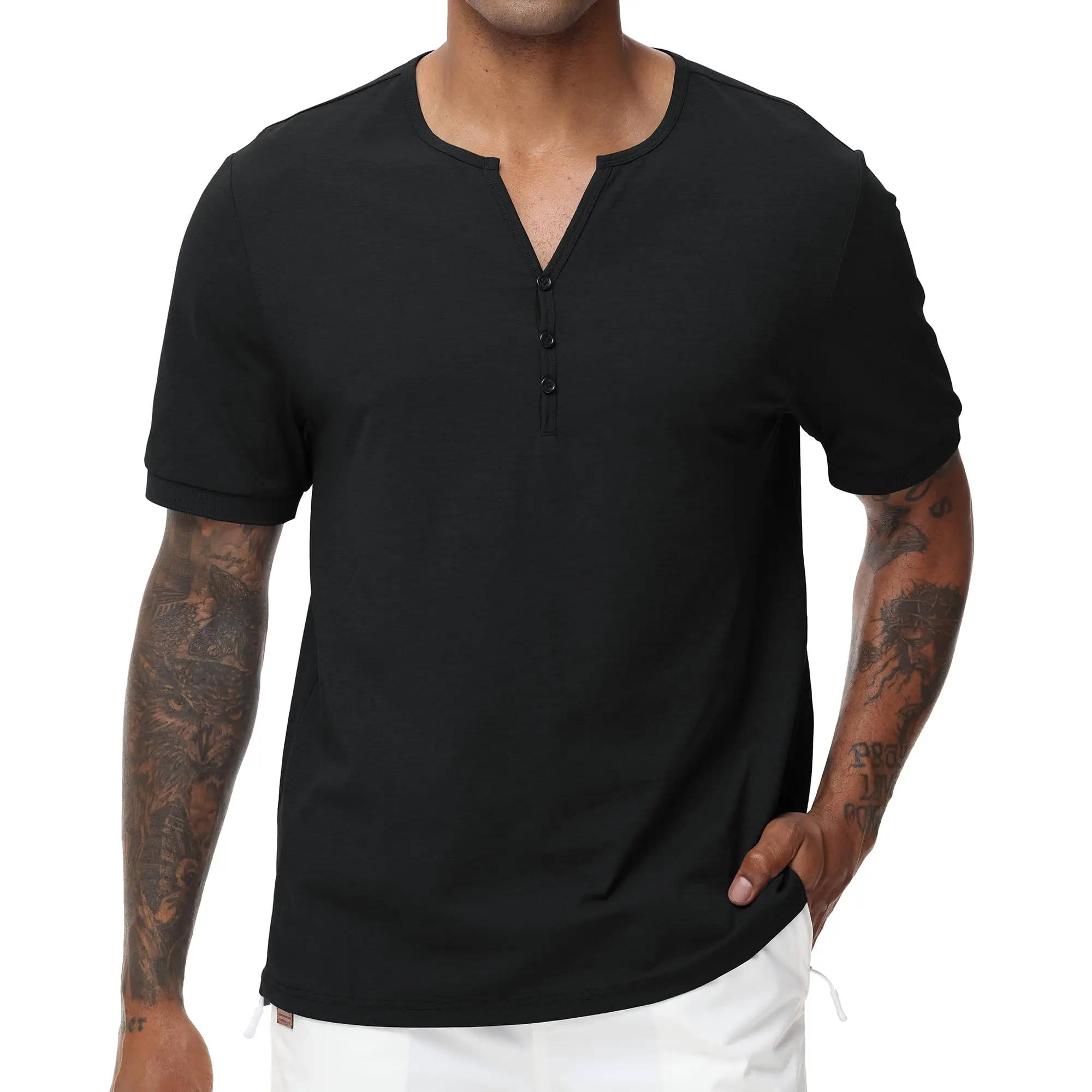 Summer Men Casual Cozy Henley Shirt, Solid Color Breathable Short Sleeve T-Shirt Suit Comfortable Armpit Design for Home Outdoor