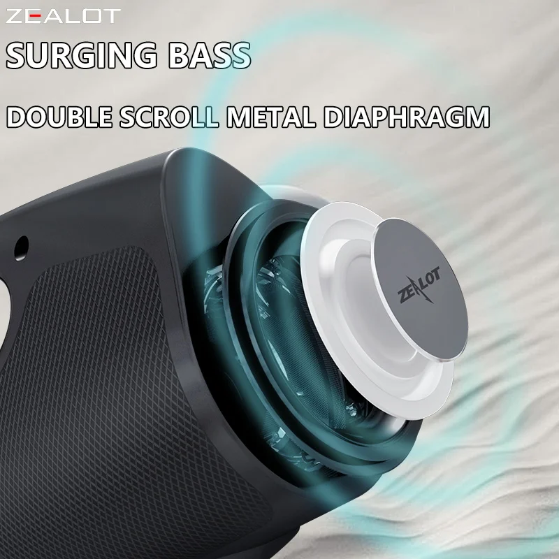 Alto-falante sem fio portátil para exterior ZEALOT P1 com microfone de karaokê Bateria de 7200mAh 40W de potência Tempo de reprodução contínua 10 horas.