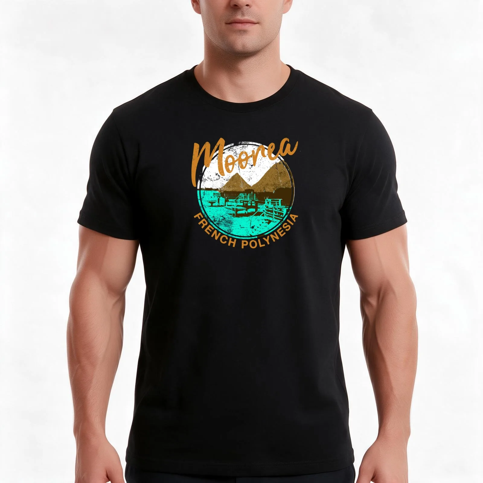 Moorea Over Water Bungalow French Polynesia Retro Travel T-Shirt, Summer Casual Cotton Tee, Oversized Streetwear Tops