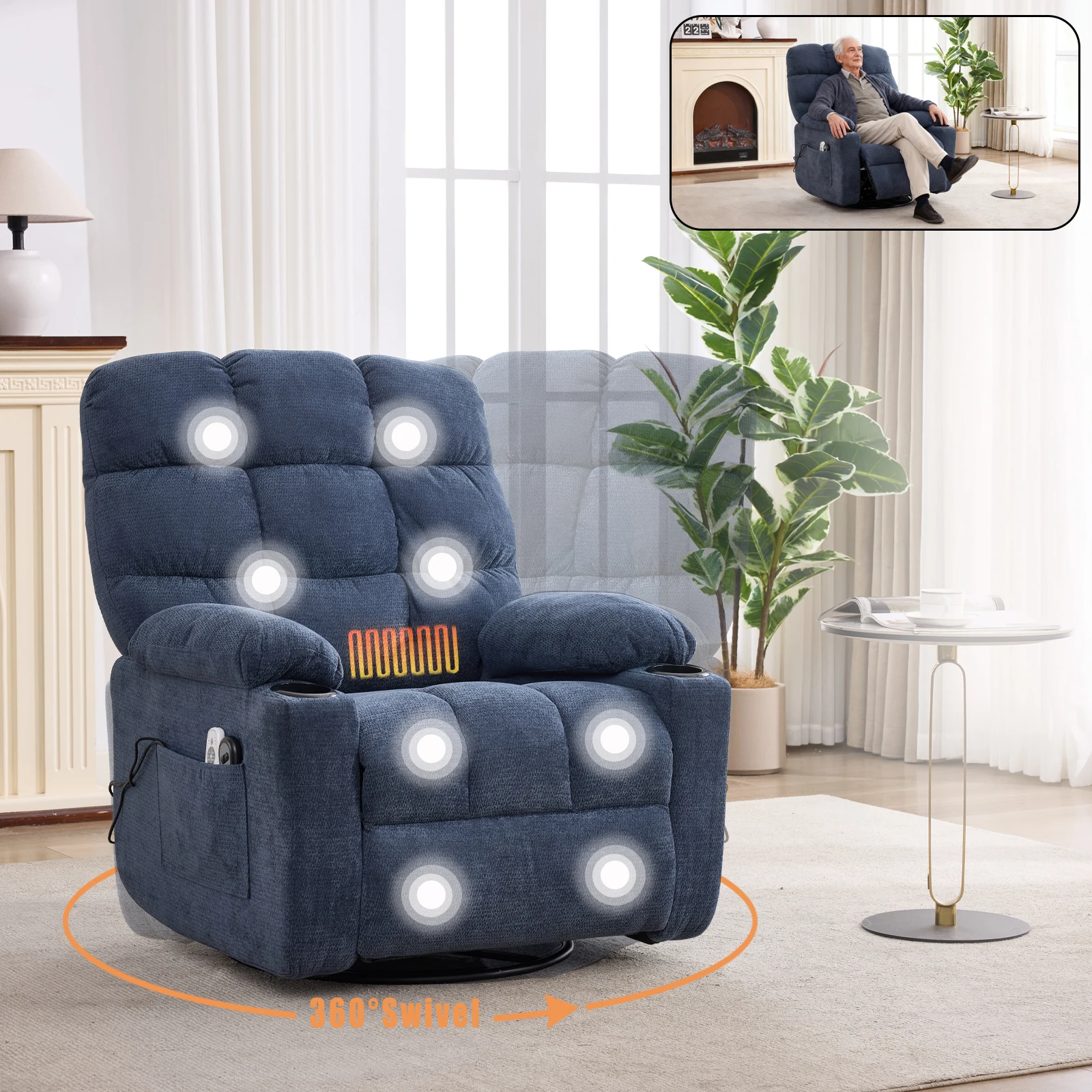 Massage Chair Rocking Recliner Chair with Heat and Vibration,Cup Holders,360° Swivel Chair for Living Room