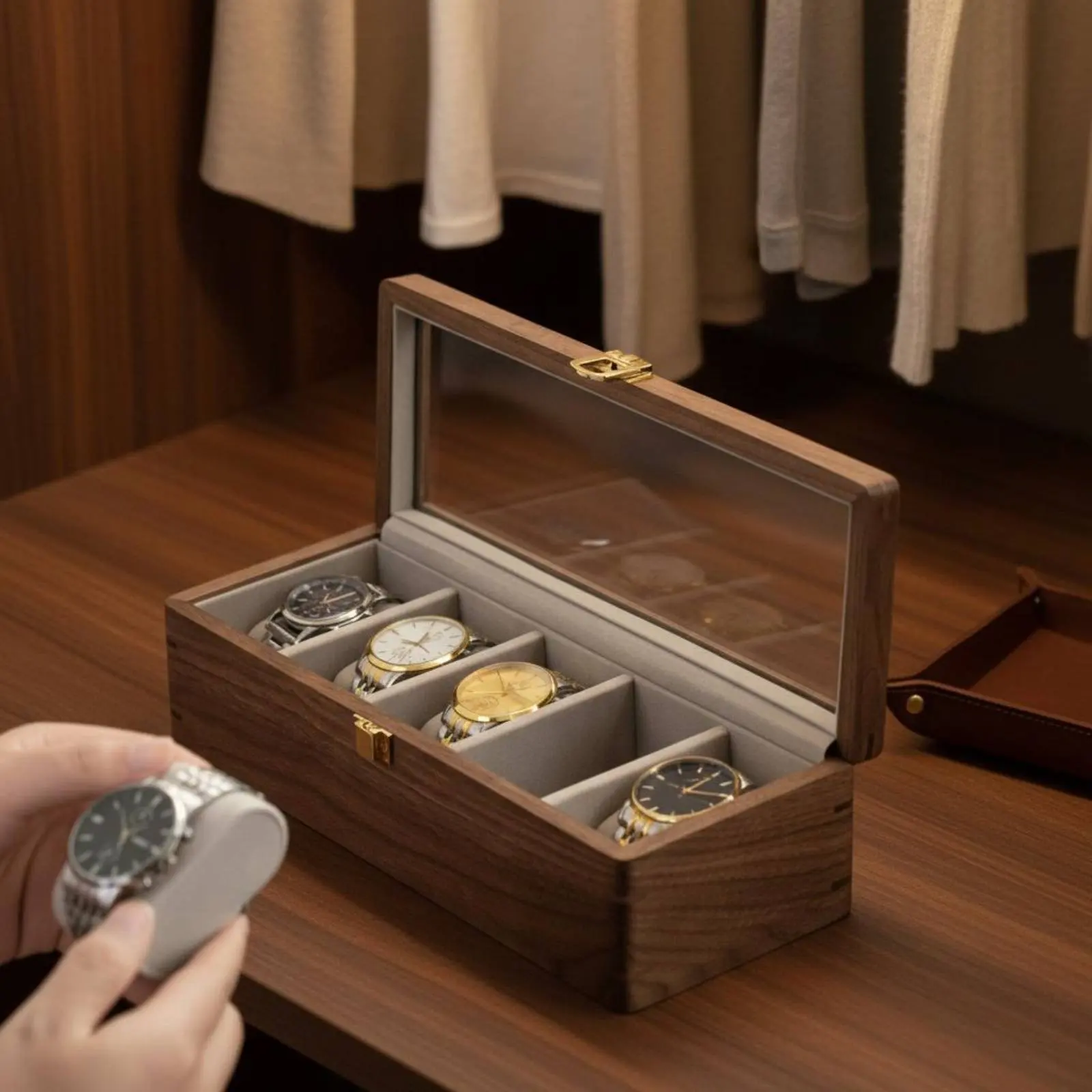 

Walnut Watch Storage Case Soft Luxurious Textile Lining Wooden Watch Box Men's Jewelry Organizer Scuff-Resistant Pillows Natural