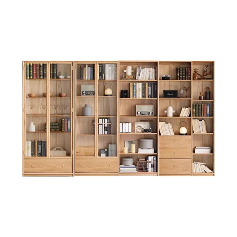 Solid wood combination bookcase Nordic modern storage bookshelf Oak background wall bookcase Study floor cabinet