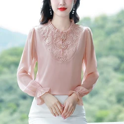 2024 New Autumn Long Sleeve Stand Collar Women Blouse Casual Ruffles Chiffon Blouse Shirt Women Tops Blusas Para Mujer C46