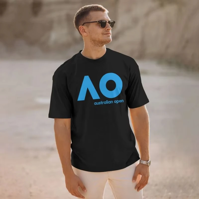 2026 Australian Open AO Print Black T-shirt Men Large Size Casual T-shirts Summer Cotton Short Sleeve Tops Tees Streetwear