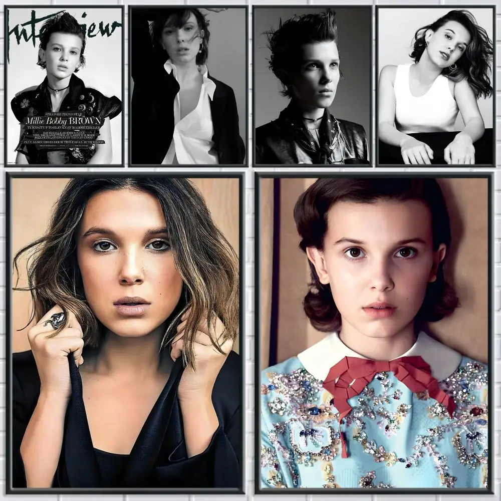 Actress M-Millie Bobby Brown Poster Stickers Mural Painting Self-Adhesive Decor for Bedroom Living Room Home HD Wall Decals Gift