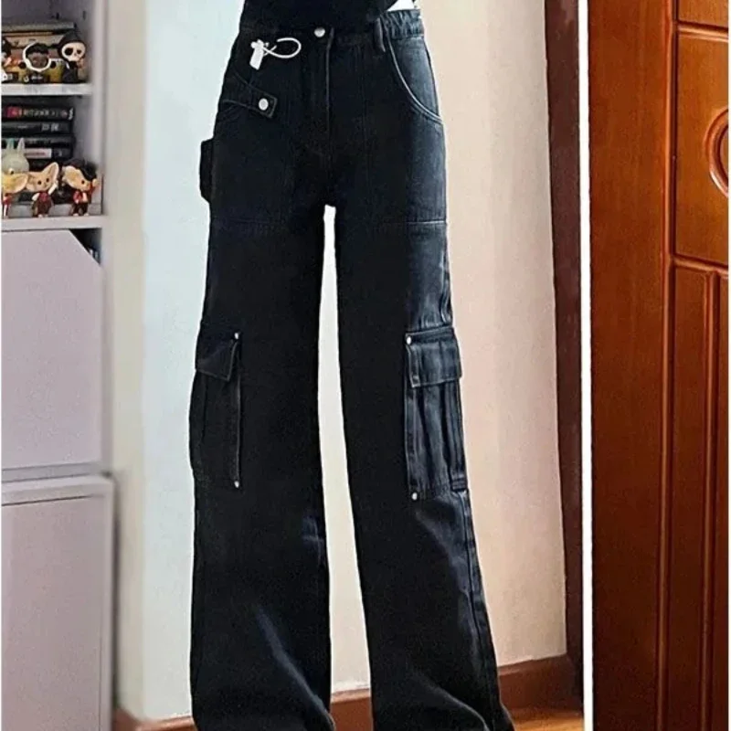 Spodnie Retro Damskie Cargo Jeans High Waist Shot Xxl Unique Hippie Cool Medium Grunge Y2k Cowboy Pants for Woman Stretched Emo