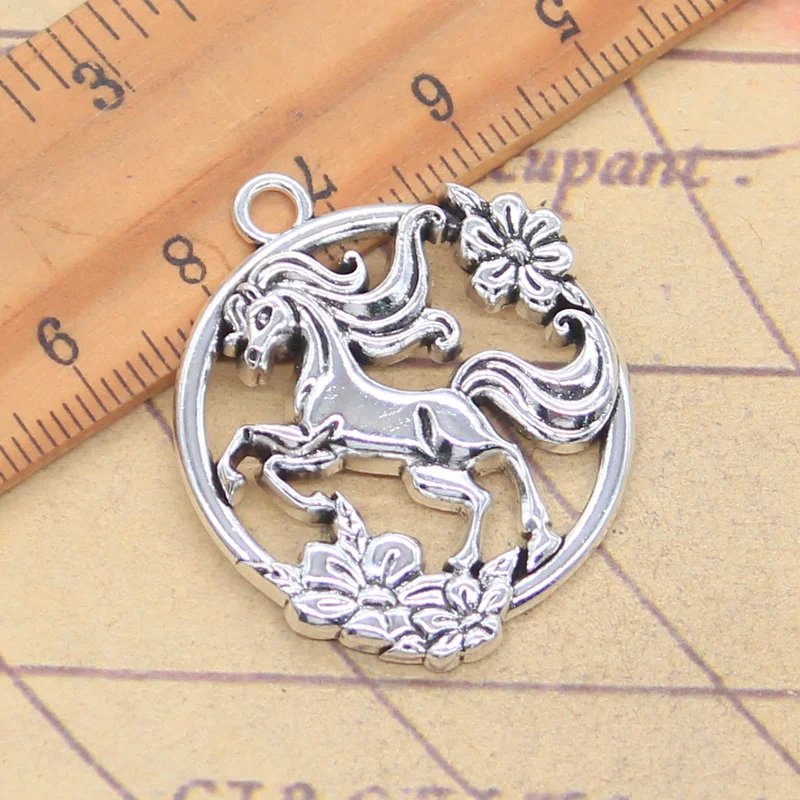 5pcs Charms Rose Horse Flower Unicorn 35x30mm Antique Silver Color Pendants Making DIY Handmade Tibetan Finding Jewelry