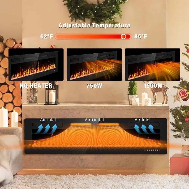 Modern Indoor Electric Fireplace TV Stand Heater Insert 3D Holographic Flame Effect Double Sided Wall Mount Metal Household