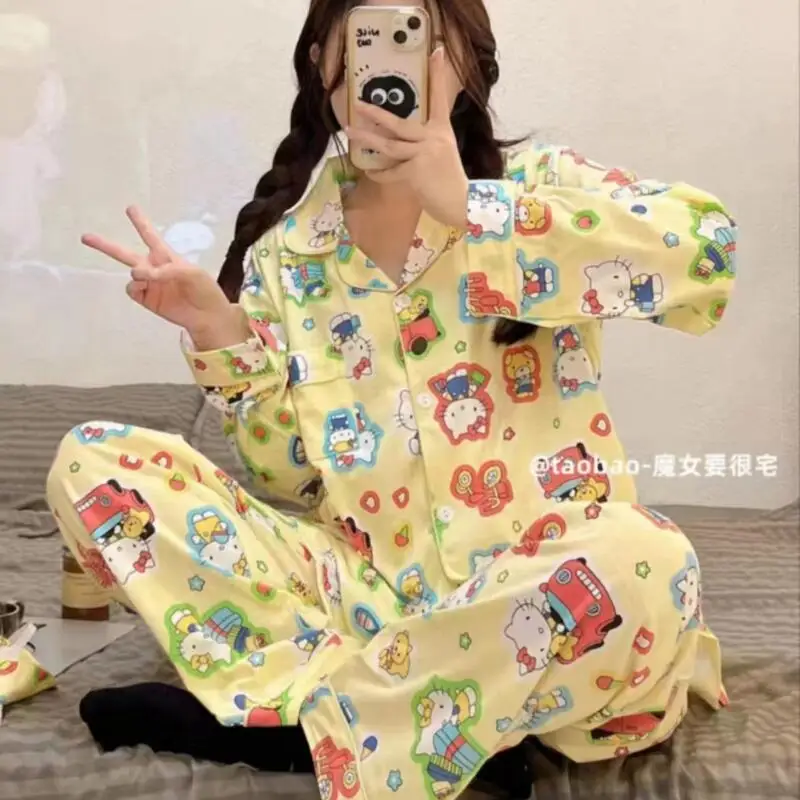 

Pochacco Women's New Spring Fall Pajamas 2Pcs Sanrio Hello Kitty Cute Cartoon Home Clothes Set Student Fashion Sweet Soft Clothe
