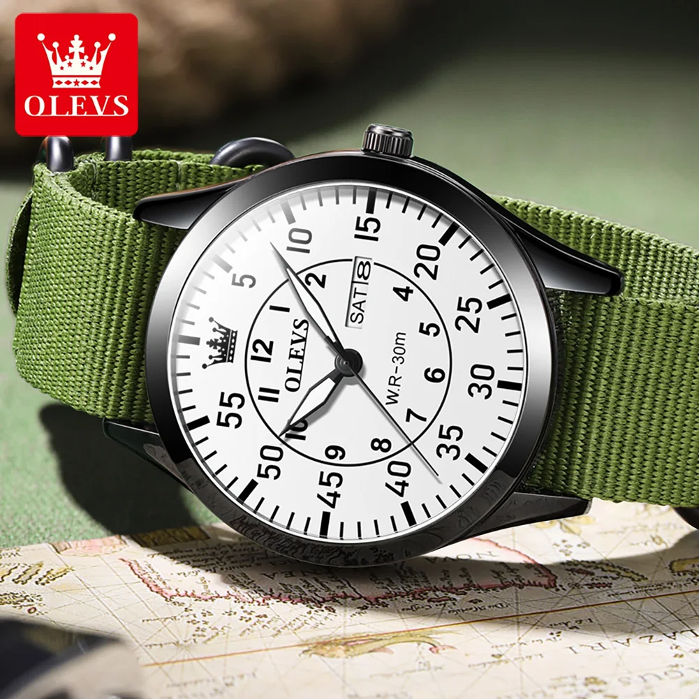 OLEVS-ساعة كوارتز مضادة للماء للرجال ، ساعة رجالية ، مضيئة ، تاريخ الأسبوع ، حزام نايلون ، فاخر ، رياضي ، علامة تجارية مميزة ، موضة جديدة ، 9973