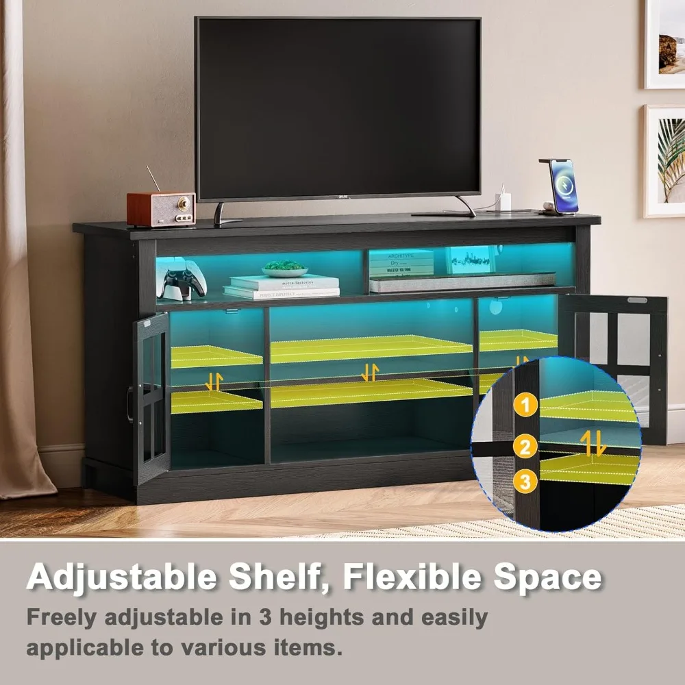 Suporte de TV para TV de 65 polegadas com tomada de energia e luz LED, armário de TV moderno de meados do século de 28,7 polegadas de altura com prateleiras ajustáveis e