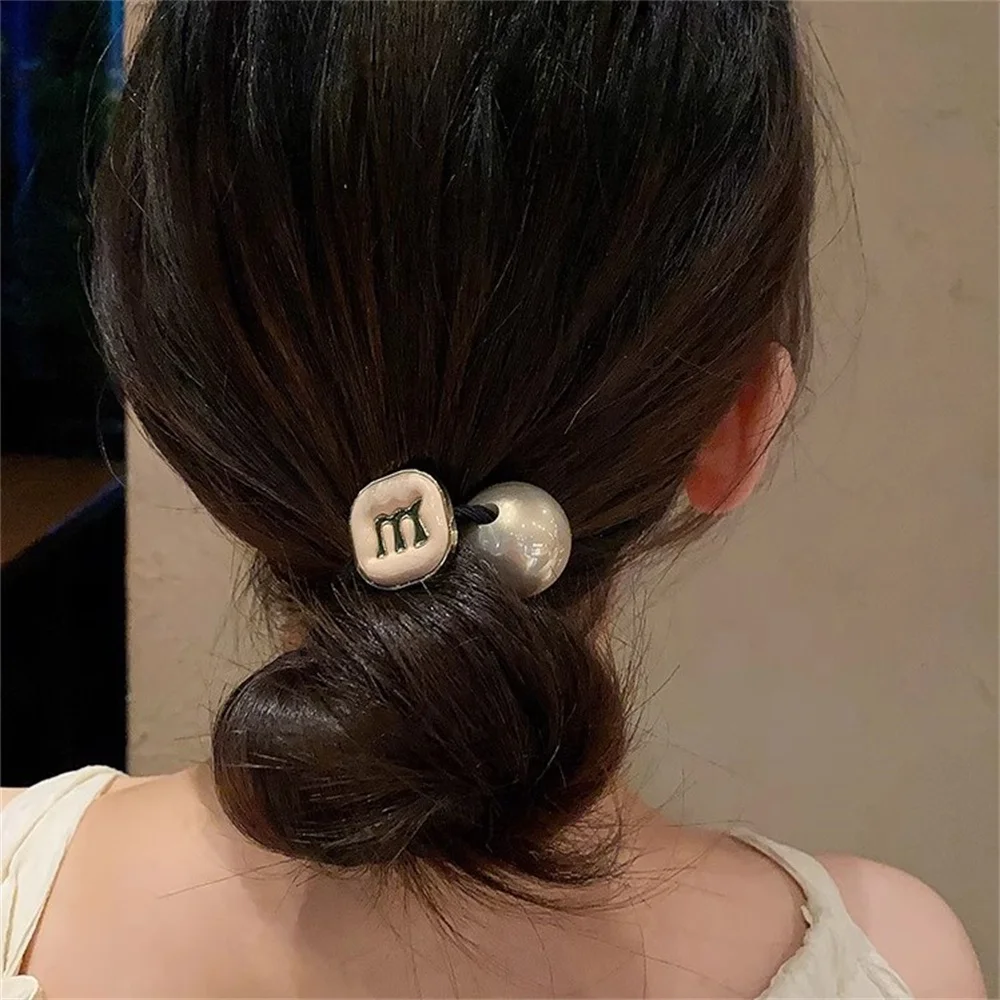 Fashion Metal Letter Hair Ropes with Pearl High Elastic Durable Ponytail Holder Hair Bands Women Girls Daily Hair Loop Headwear