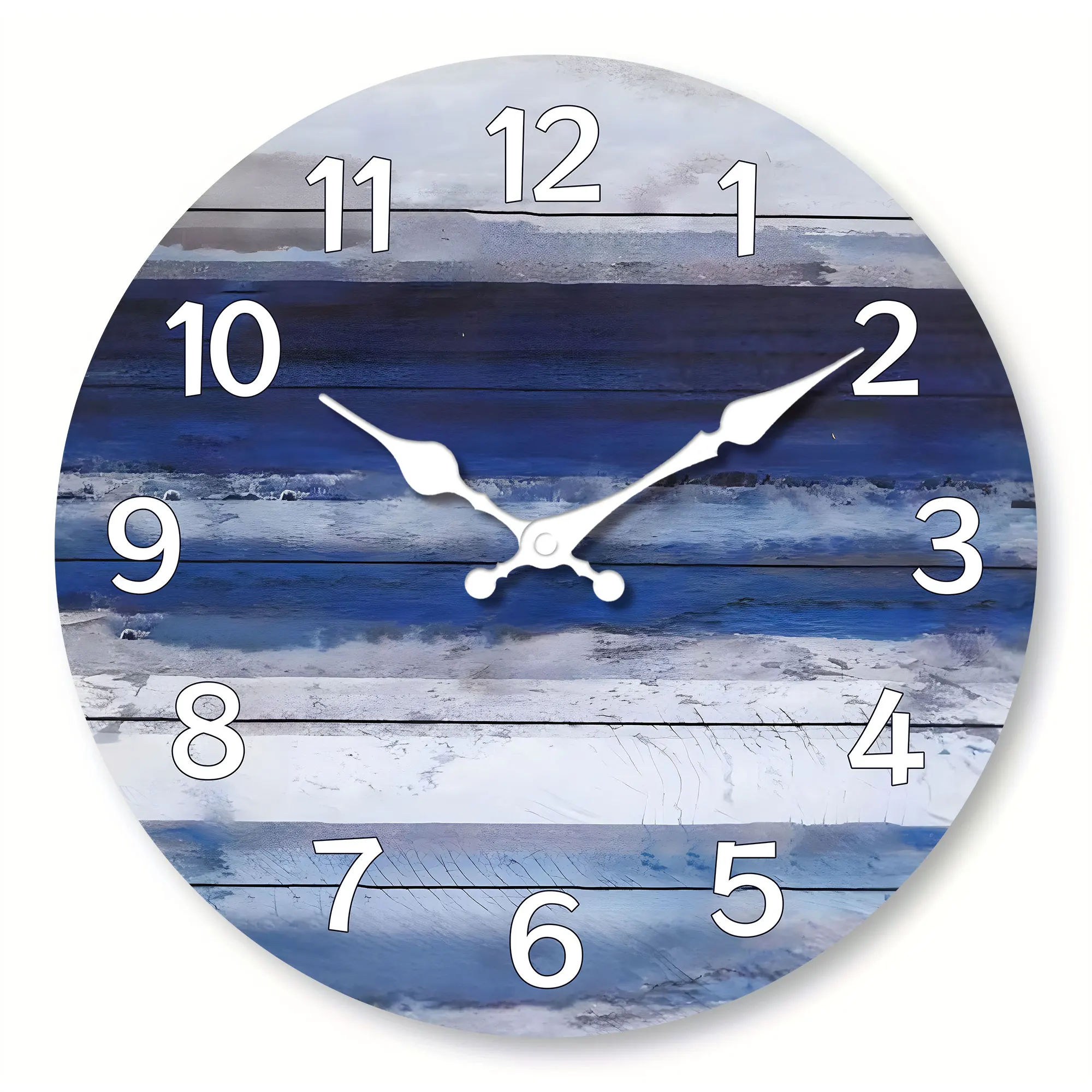 Rustikale Strand-Wanduhr aus Holz – Do alte Vintage-Wanduhr mit blauer Holztextur, runde Stummuhr, Coast Marine-Thema, blaues W