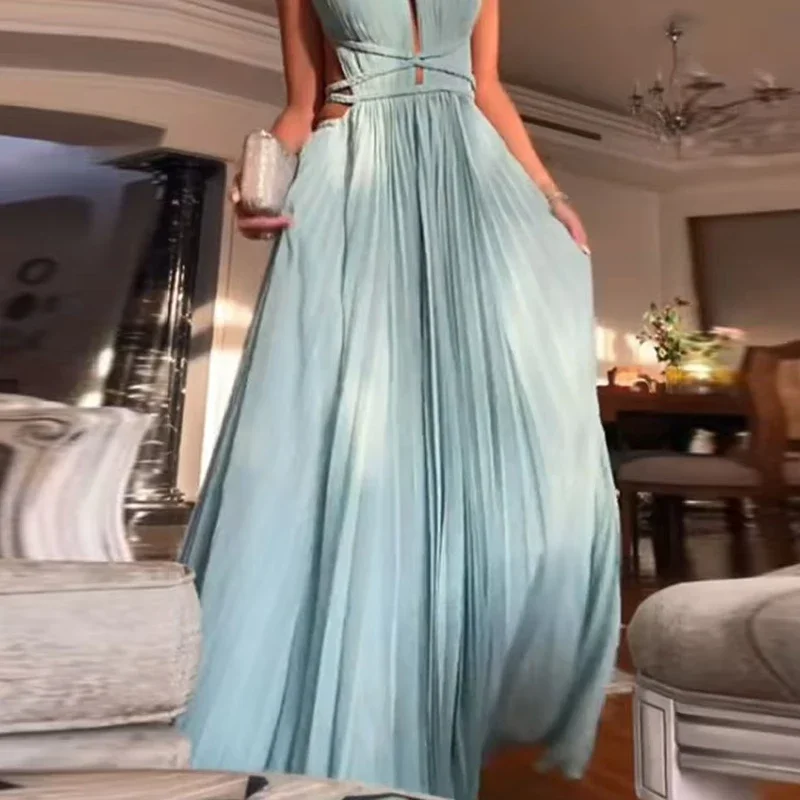 女性用プリーツロングドレス,ラウンドネック,ハイウエスト,ノースリーブ,ホルター,透かし彫り,ビーチ,モノクロ,パーティー,春,夏