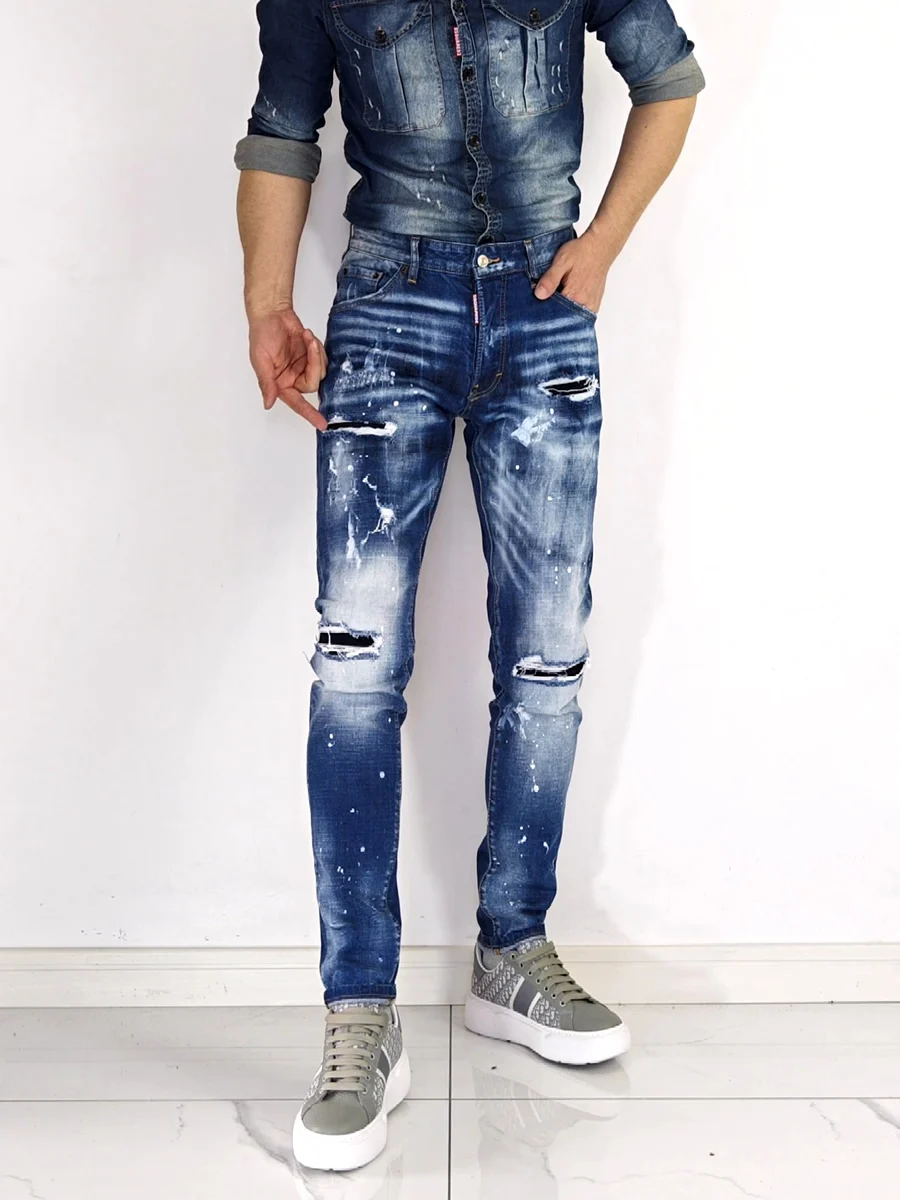 

Blue Paint Splatter D2 Jeans Men's Slim Fit Summer Faion Small Foot Cotton Elastic Fabric
