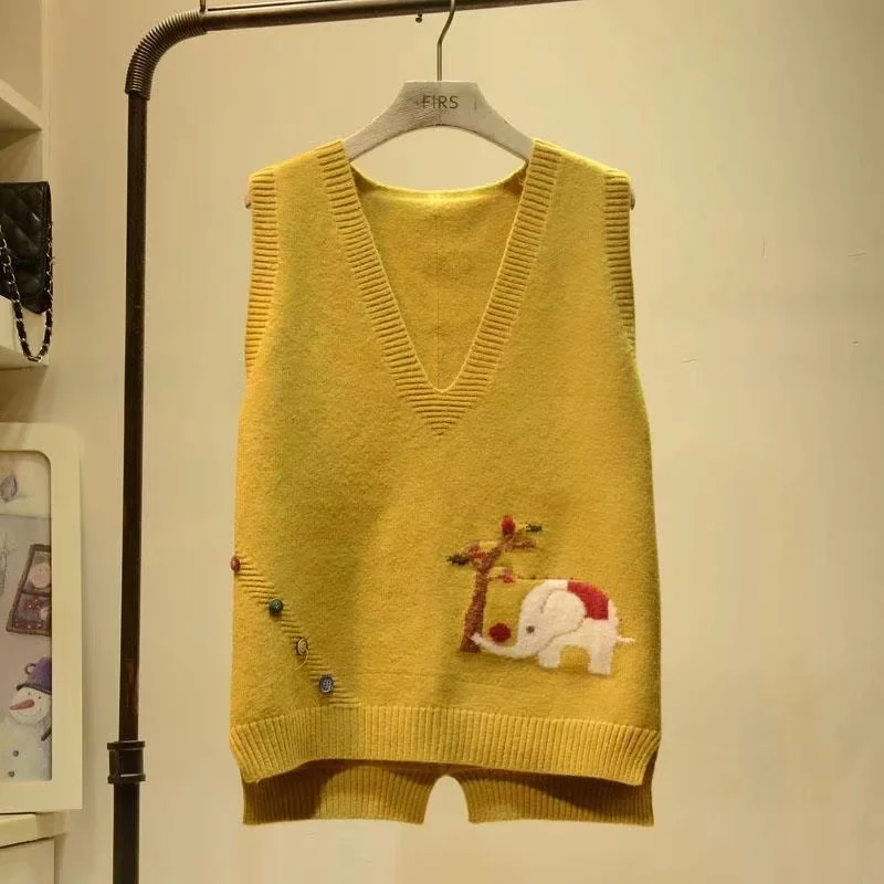 

Brand Women's Knitted Sweater Vest Autumn Winter Outerwear Trendy Svel Top V-ne Tagl Commute Sle Pure Color