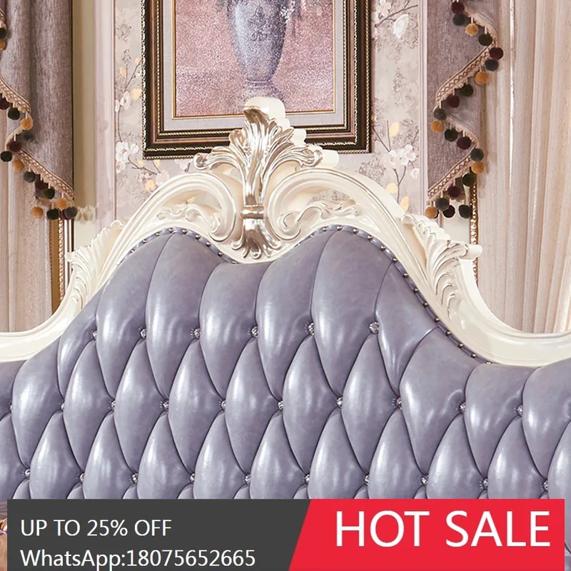 SGF European Style Genuine Leather Bed Solid Wood Carved Double Pastoral Wedding Bed