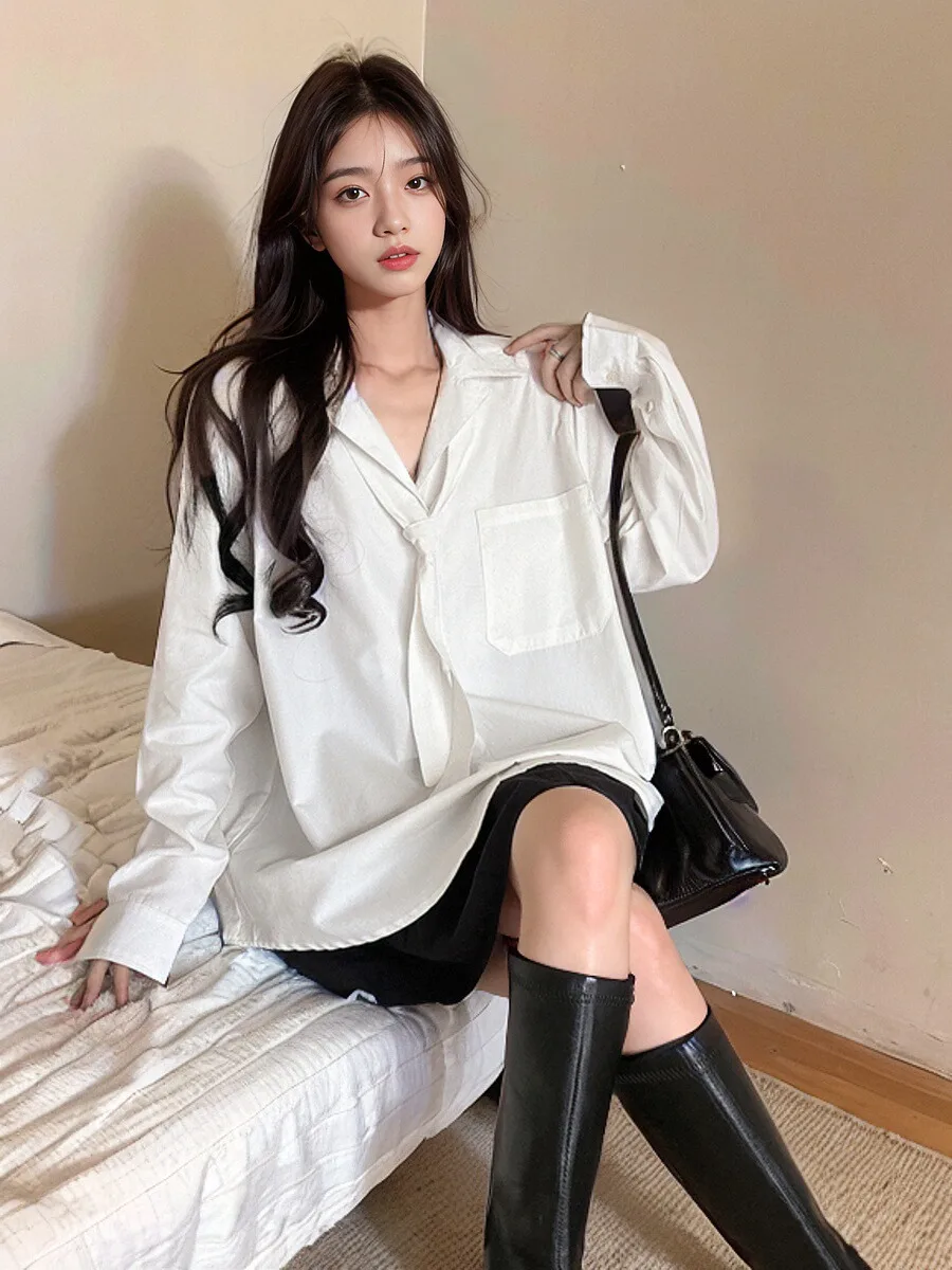 

Summer New Versatile Lazy White Shirt Women's Spring Surrounding Tie New High Grade Draping Casual Shirt Top