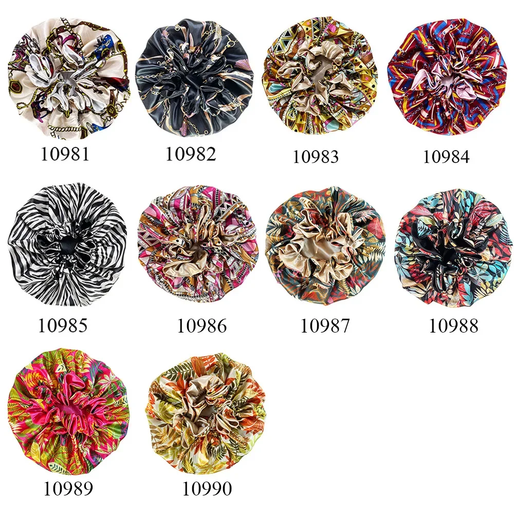 2Pcs Set Women Satin Bonnet Cap Double Layer Silky Big Bonnet For Lady Printing Sleep Cap Head Wrap Printing Bath Cap