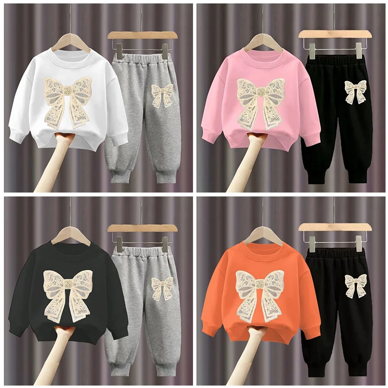 

2PCS/Set Spring Summer Children Clothes Baby Girl T-shirt Pullover+ Pants Outfit Kid Bownot Top and Bottom